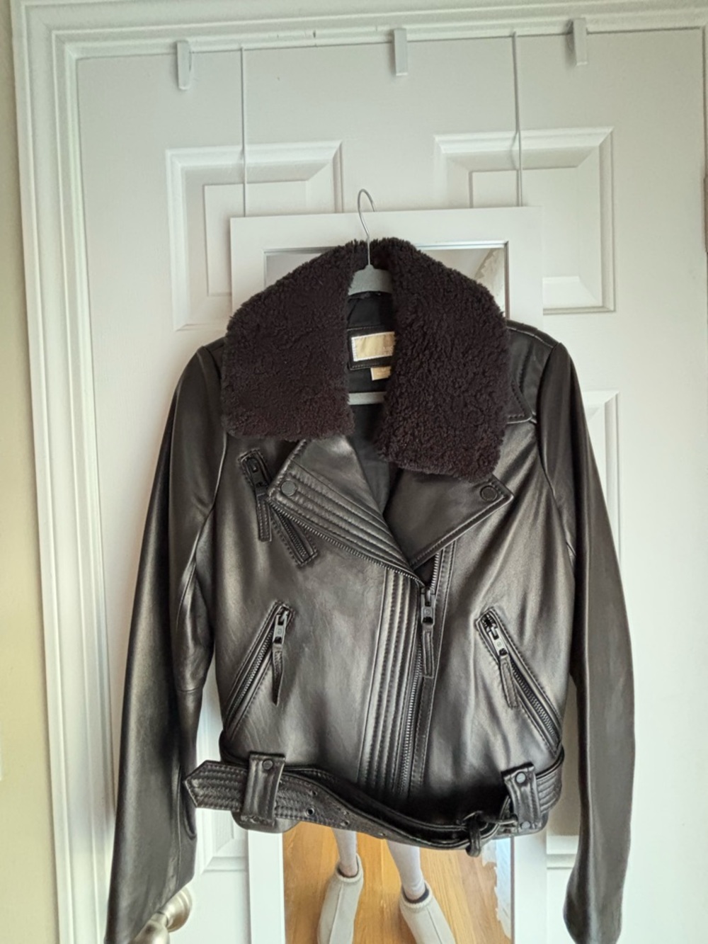 Michael Kors Black Leather Moto Jacket with Sherpa Collar (detachable)